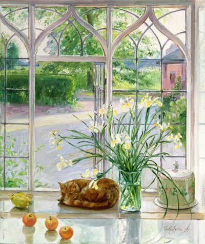 Schwertlilien und schlafende Katze, 1990 von Timothy Easton